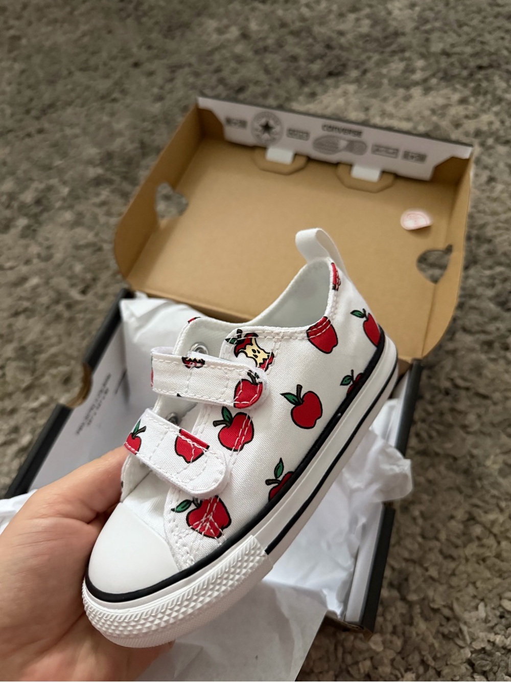 Converse Kids White Canvas Sneakers with Red Apple Print
